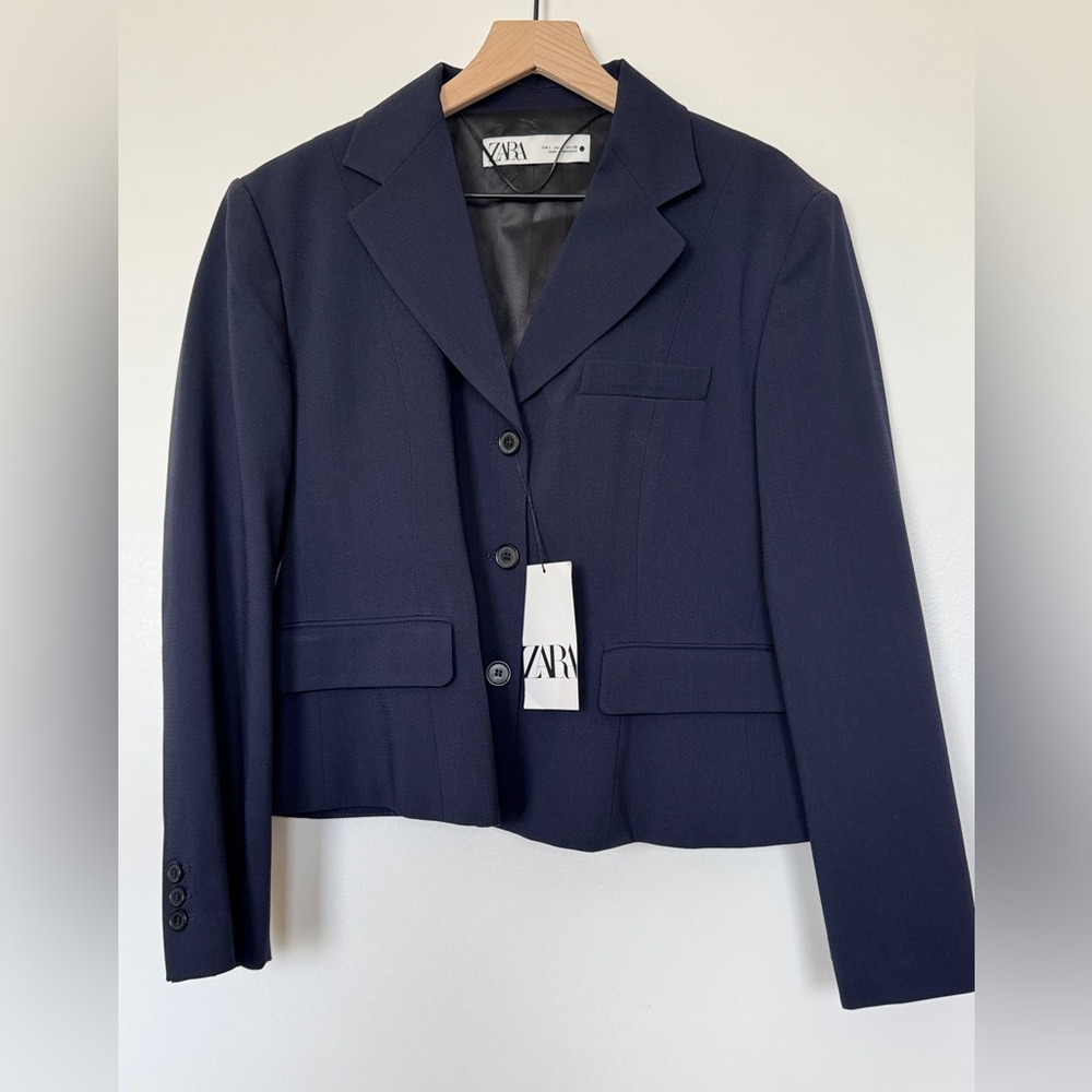NWT ZARA TAILORED WOOL BLEND BLAZER NAVY BLUE - REF. 2336/408 Large - Picture 2 of 13